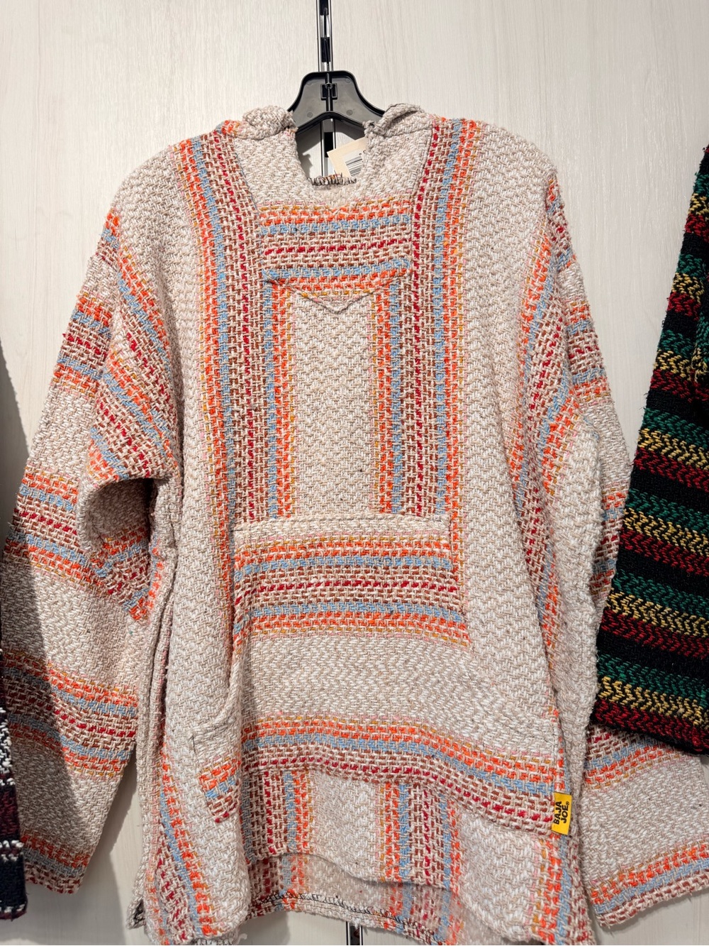 Soft Boho Knit Hooded Poncho - Neutral with Coral & Blue Stripes